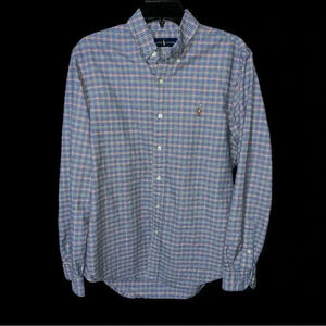 Ralph Lauren Long Sleeve Button Down M Blue Red White Plaid‎ Flesh Pony Preppy